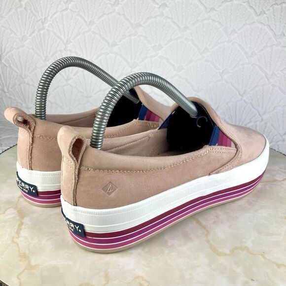 Sperry Shoes Womens 7 Pink Stripes Suede Crest Twin Gore Boat Platform Loafers - Picture 9 of 12